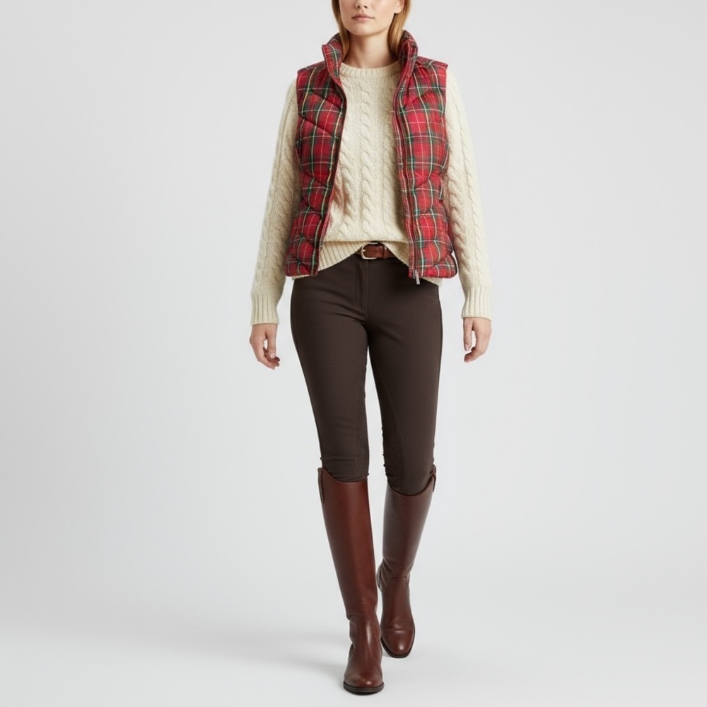 Lands’ End Plaid Down Feather Puffer Vest Tartan Quilted Equestrian Holiday M/T